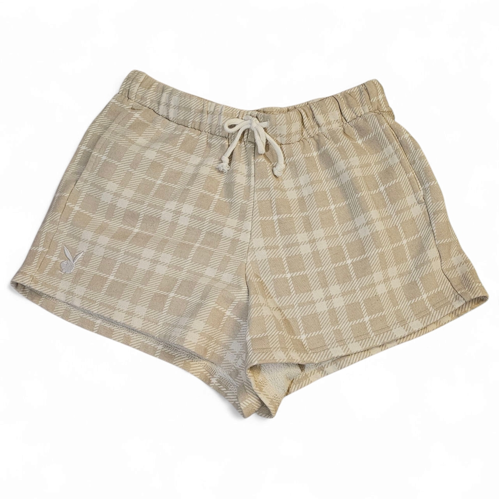 3/$25 PLAYBOY Tan and Cream Sweat Shorts With Drawstring And Pockets Size Small